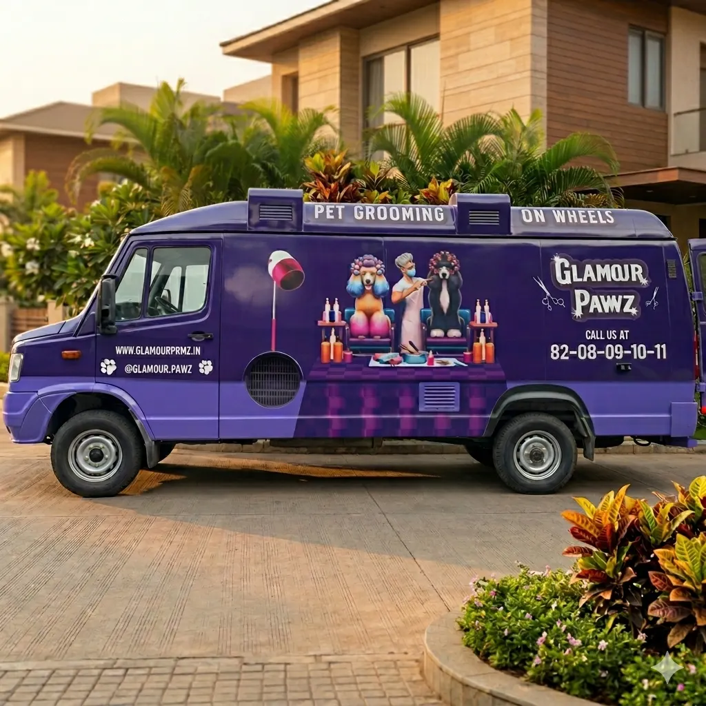 Glamour Pawz mobile AC grooming van parked outside a home in Kanpur
